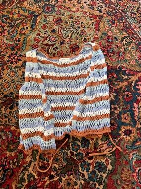 Ultra Flirt Striped Open-Knit Top in Light Blue, White & Brown